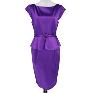 Coast Dress Womens 10 Purple Lined Belted Cap Sleeve Romola Duchess Satin New